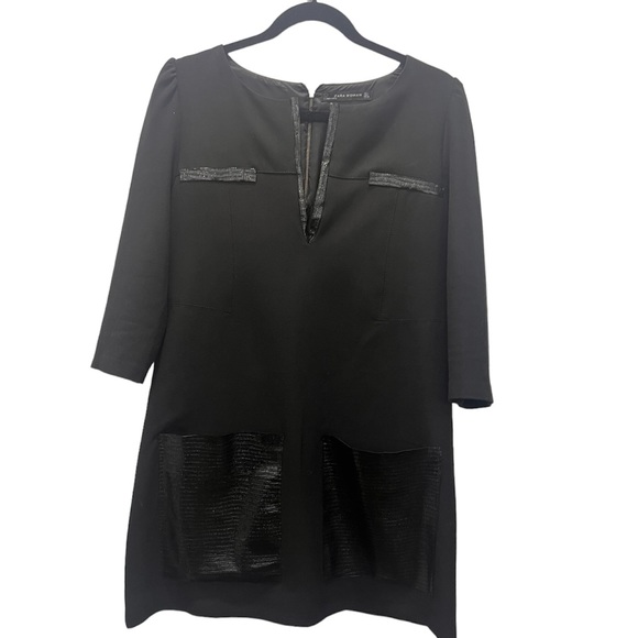 ZARA | black knit dress with faux leather trim and pockets - Picture 2 of 7